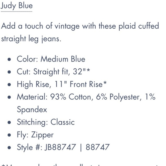 NWT JUDY BLUE HIGH RISE VINTAGE STRAIGHT LEG PLAID FLANNEL CUFF IN MEDIUM BLUE - Picture 5 of 10
